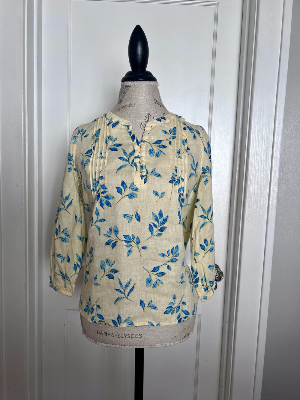 J. Jill Cream Blouse with Blue Floral Leaves